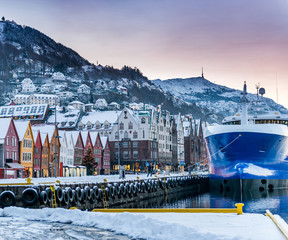 Seafront with ships in winter Bergen