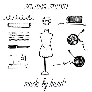 Sewing studio elements for design. Made by hand. Hand drawn lettering.