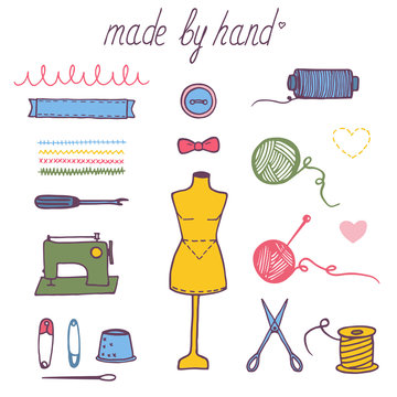 Set of hand draw vector elements for design sewing studio, work shop, knit club, handmade artist or knitwear company.