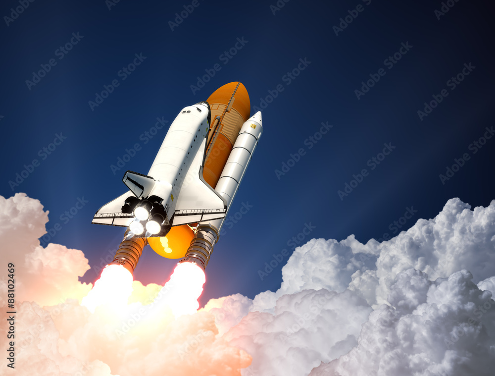 Wall mural space shuttle launch. 3d scene.
