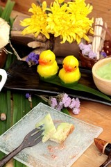 Bread with green custard and fresh milk.