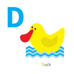 Letter D Duck Zoo alphabet. English abc with animals Education cards for kids Isolated White background Flat design