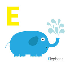 Letter E Elephant Zoo alphabet. English abc with animals Education cards for kids Isolated White background Flat design