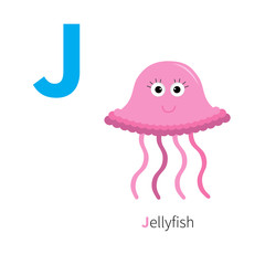 Letter J Jellyfish Zoo alphabet. English abc with animals Education cards for kids Isolated White background Flat design