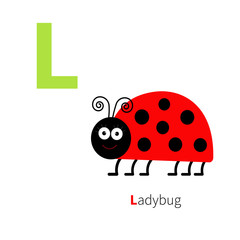 Letter L Ladybug Zoo alphabet. English abc with animals Education cards for kids Isolated White background Flat design