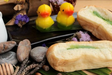Bread with green custard and fresh milk.