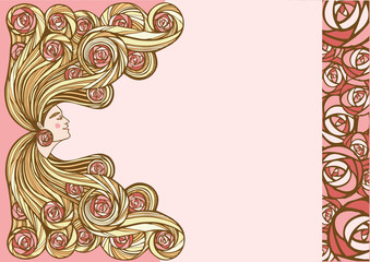 Hair treatment vector illustration. Natural hair cosmetics. Profile of beautiful woman with flowers in long wavy hair. 