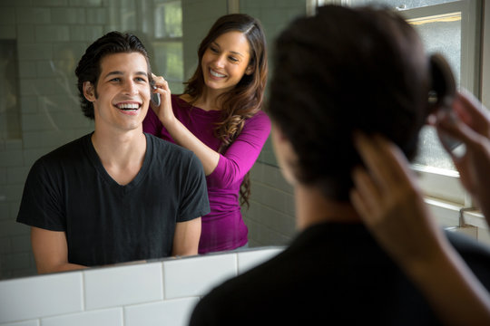 Attractive Couple Beautiful Hair Woman Loves Mans Full Head Of Healthy Haircut