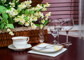 set of dishes. jasmine flowers. fragment