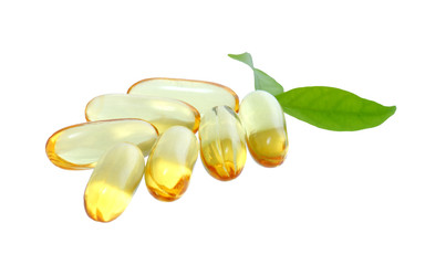 yellow vitamin omega3 fish oil capsule on white background