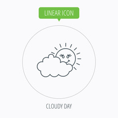 Cloudy day with sun icon. Overcast weather sign.