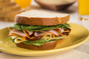 Sandwich on a white plate with turkey breast, tomato and lettuce