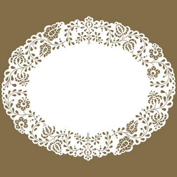 Oval paper lace edged doily made with Hungarian embroidery pattern