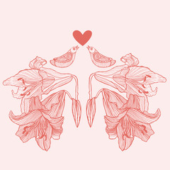 Hand drawn vector lily flowers and love birds background. Vintage floral and love vector illustration. Can be used for invitation cards for wedding, interior decoration, print for t-shirt etc. 
