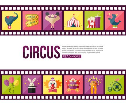 Film strips and circus entertainment  icons set for infographics
