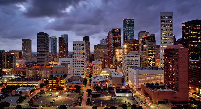Illuminated High Rise Buildings at Night, Houston, USA