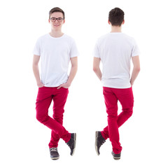 front and back view of young man standing isolated on white