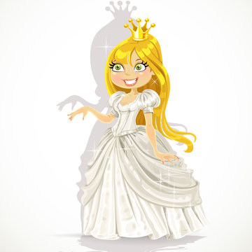 Cute princess in a white dress gives a hand expressing a consent
