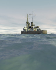 3D render of a vintage warship (1890-1915) moving across a choppy sea with an overcast sky. Fictitious warship, created and modeled entirely by myself. Low camera angle to emphasize the rough sea.