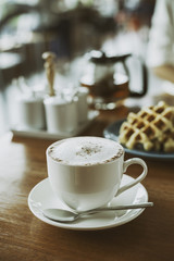 wooden table with prepared simple breakfast food