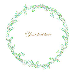 Wreath (frame) of branches with green leaves painted in watercolor on a white background