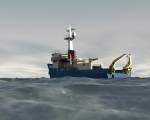 A high quality 3D render of a research ship deploying an ROV with an overcast sky. Fictitious research vessel is a unique design, created and modeled entirely by myself.