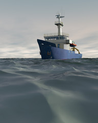 A high quality 3D render of a research ship moving across a choppy sea with an overcast sky. Fictitious research vessel is a unique design.