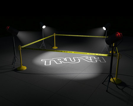 Truth has died - a high quality 3D render of a police tape and posts surrounding a chalk outline of the word truth, night shot with portable lighting.