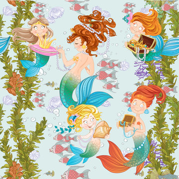 Seamless background of underwater world with cute mermaids