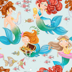 Fototapeta na wymiar Seamless pattern from mermaid girls with treasures