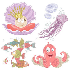 Obraz premium Set of sea inhabitants fish, pearl, octopus and jellyfish isolar