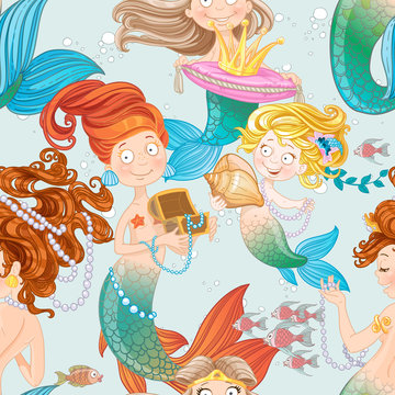 Seamless pattern with mermaids playing with jewelry