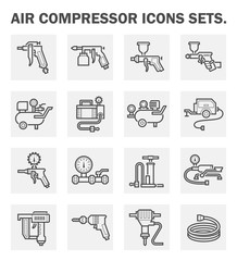 Air compressor icon. Consist of spray gun or airbrush for auto paint repair. Including with pressure tank, bicycle pump, air blow gun, pressure gauge, pneumatic staple, drilling tool, jack hammer etc.