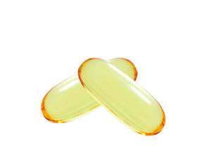 shiny yellow vitamin omega3 fish oil capsule isolated on white b