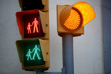 Pedestrian Semaphore a school zone (caught child's hand) with all the lights on.