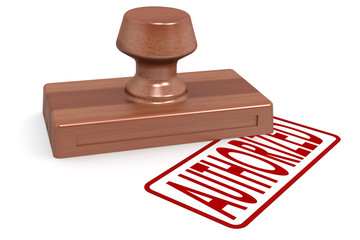 Wooden stamp authorized with red text
