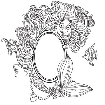 Cute mermaid with flowing long hair holding a big vertical mirro