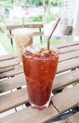lemon tea with cold ice in glass for summertime, selective focus