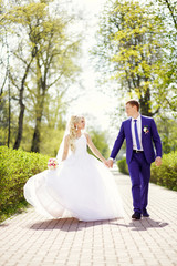 bride and groom walking in the park holding hands