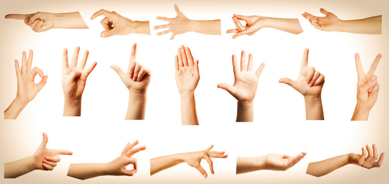 Collage of hands showing different gestures on light background