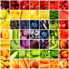 Collage with tasty fruits and vegetables