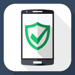 Smartphone and security shield icon on screen with long shadow