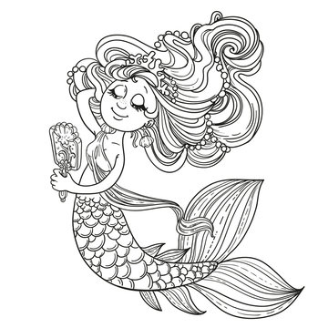 Cute mermaid girl before the mirror outlined