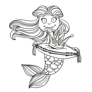 Cute mermaid holding a crown on the pillow outlined
