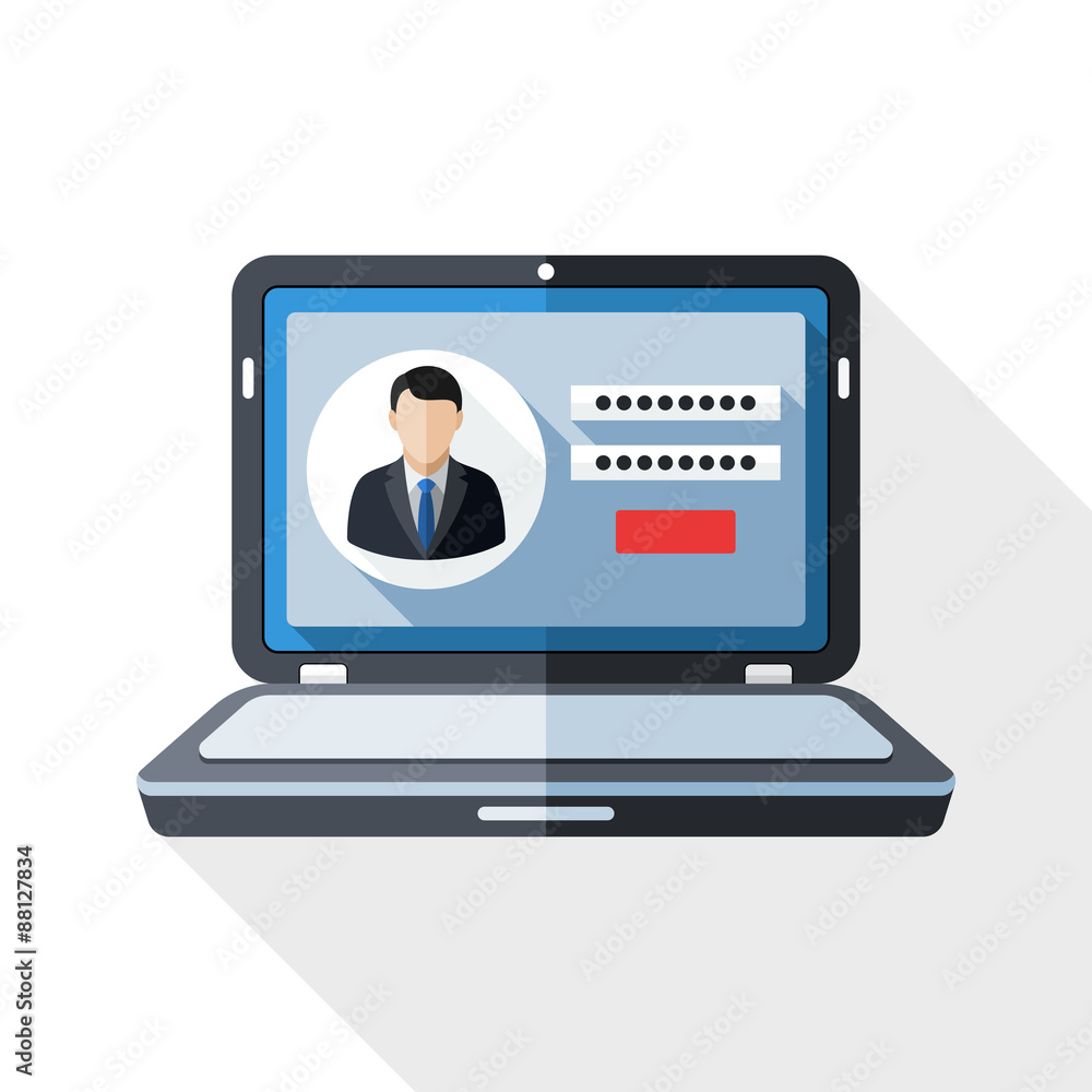 Wall mural laptop icon with user login form on the screen and long shadow o