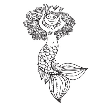 Beautiful little mermaid tries on crown outlined