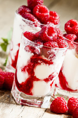 Raspberry ice cream with berries and mint, served in glasses on