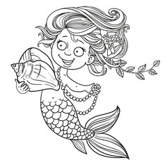 Cute little mermaid holding a shell outlined