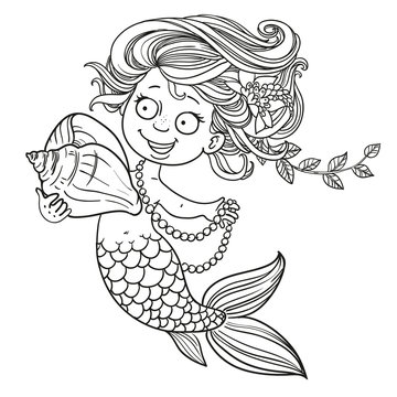 Cute little mermaid holding a shell outlined