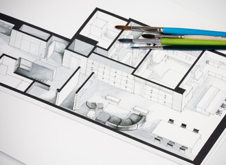 Group of vivid colorful brushes set on real estate floor plan architectural isometric freehand sketch putting a message for cold but elegant simplicity in interior design process and property market